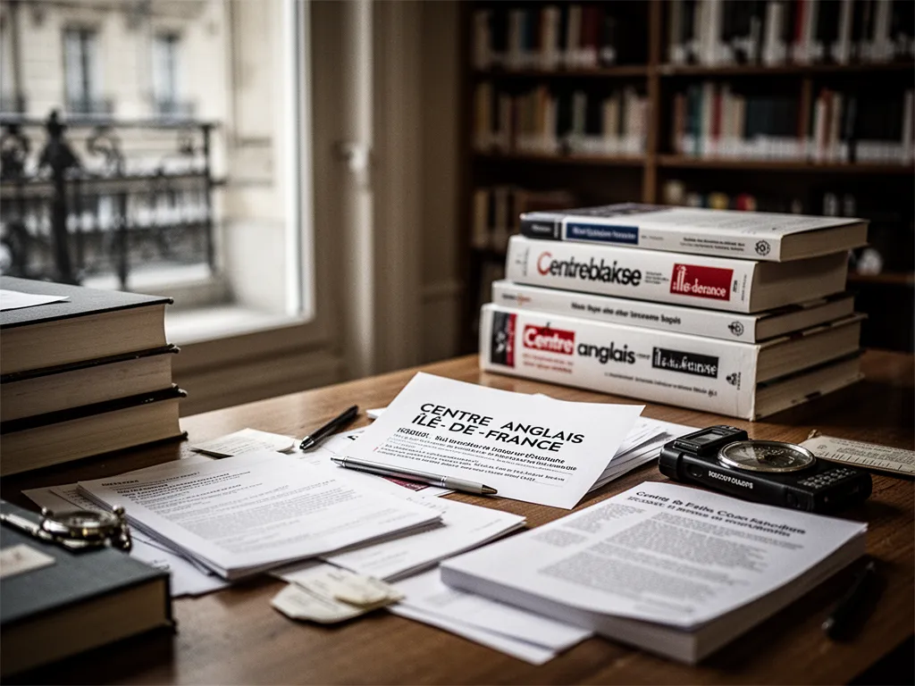 Salle de formation en langues à Paris, écran interactif, petit groupe d'adultes en situation professionnelle, formateur