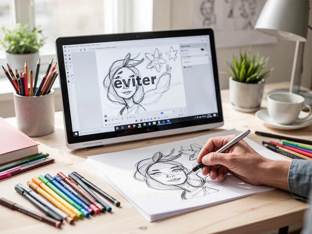 Personne dessinant sur une tablette graphique devant un écran affichant un cours vidéo de dessin