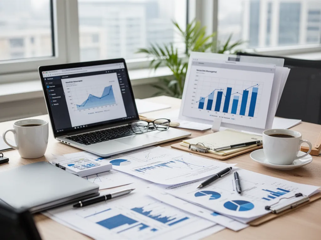 Bureau de conseiller en gestion de patrimoine avec documents financiers, ordinateur portable et graphiques patrimoniaux
