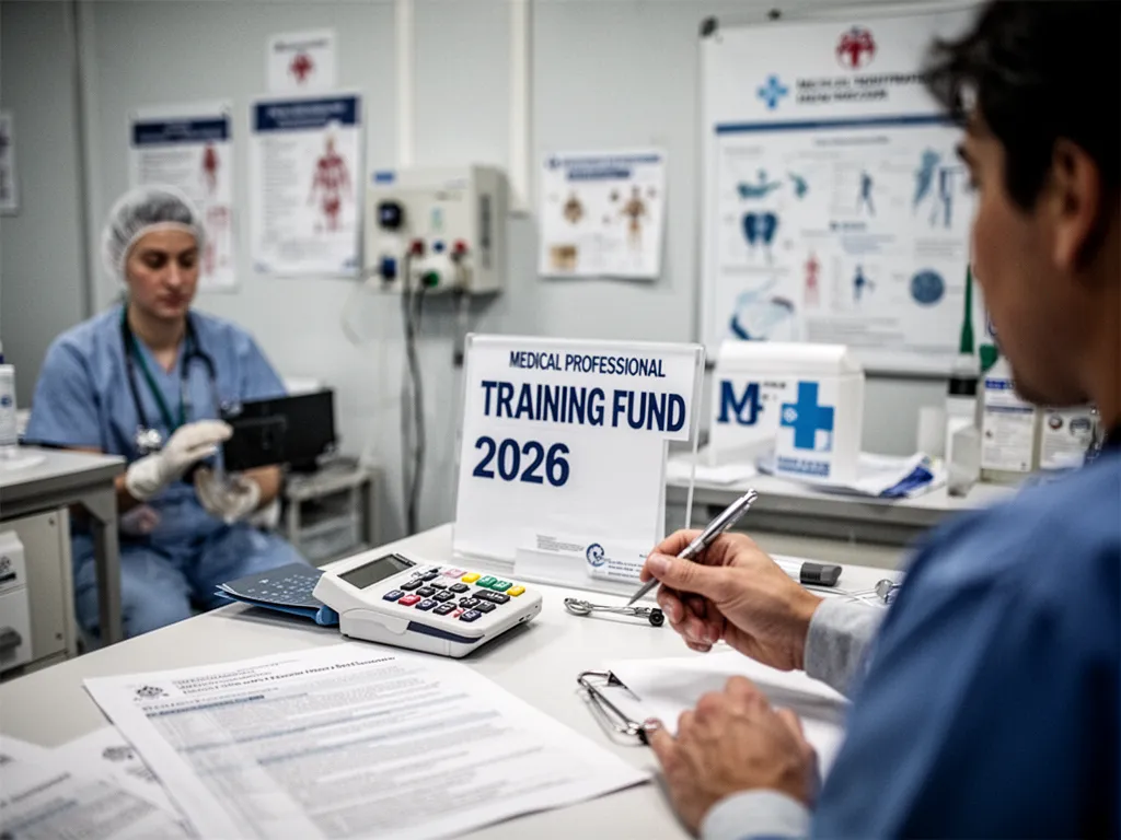 Professionnelle de santé consultant une plateforme de formation sur ordinateur avec des documents administratifs et un