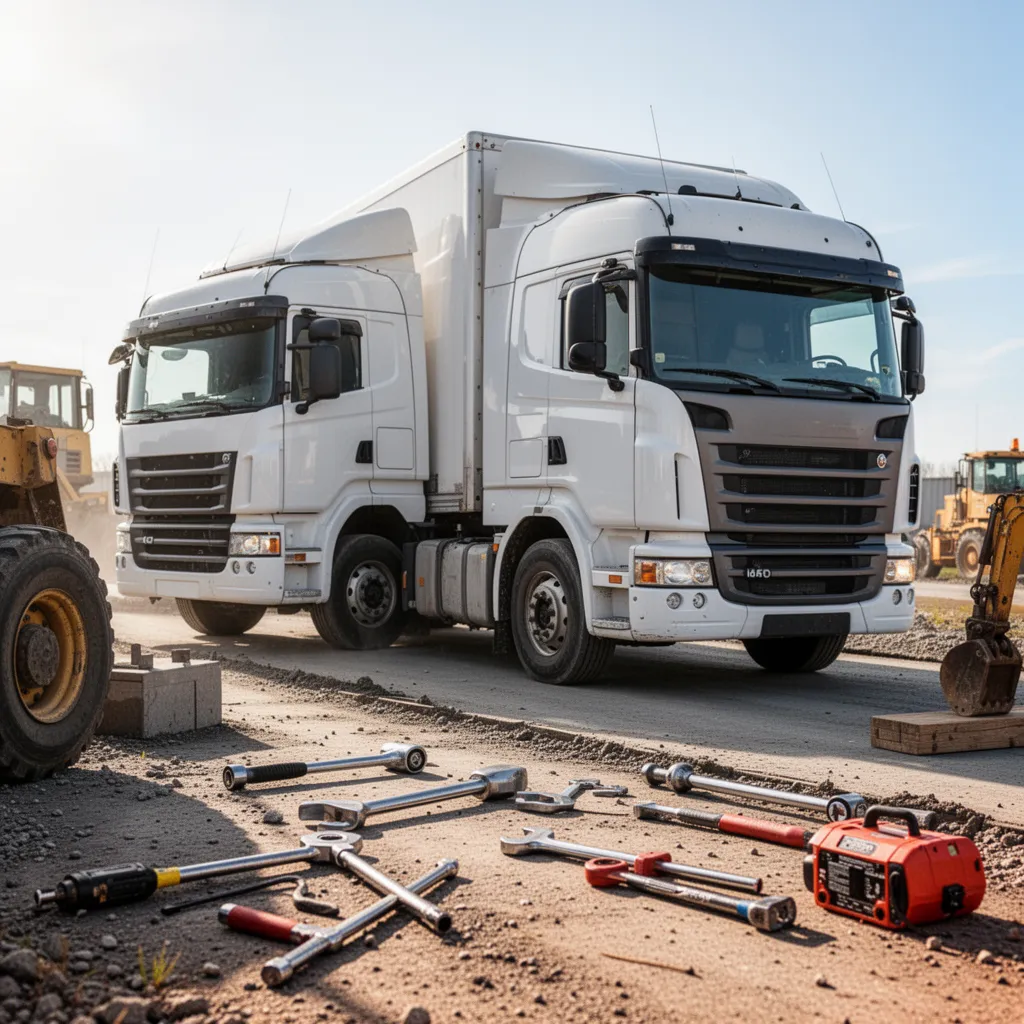 Camion poids lourd garé devant un centre de formation avec des plots de manœuvre au sol