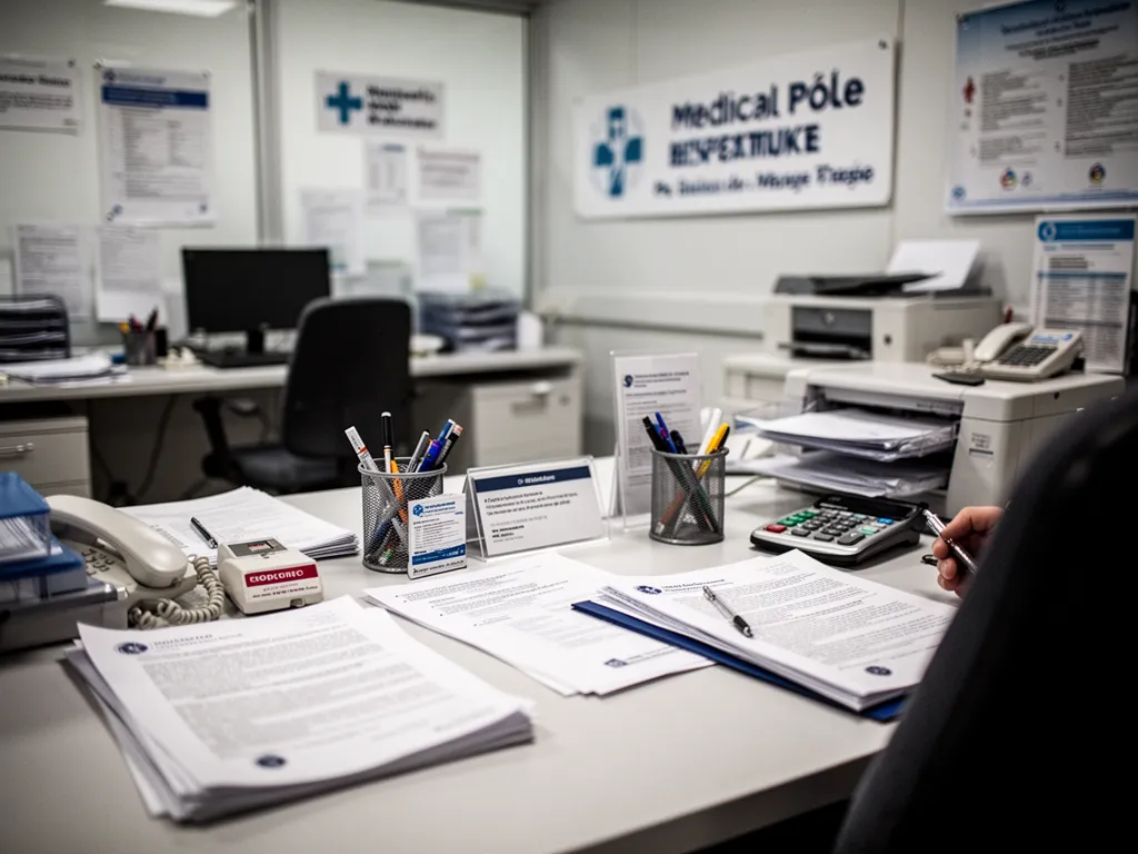 Personne consultant les offres de formation France Travail sur un écran, avec un dossier de demande d'aide et un classeur