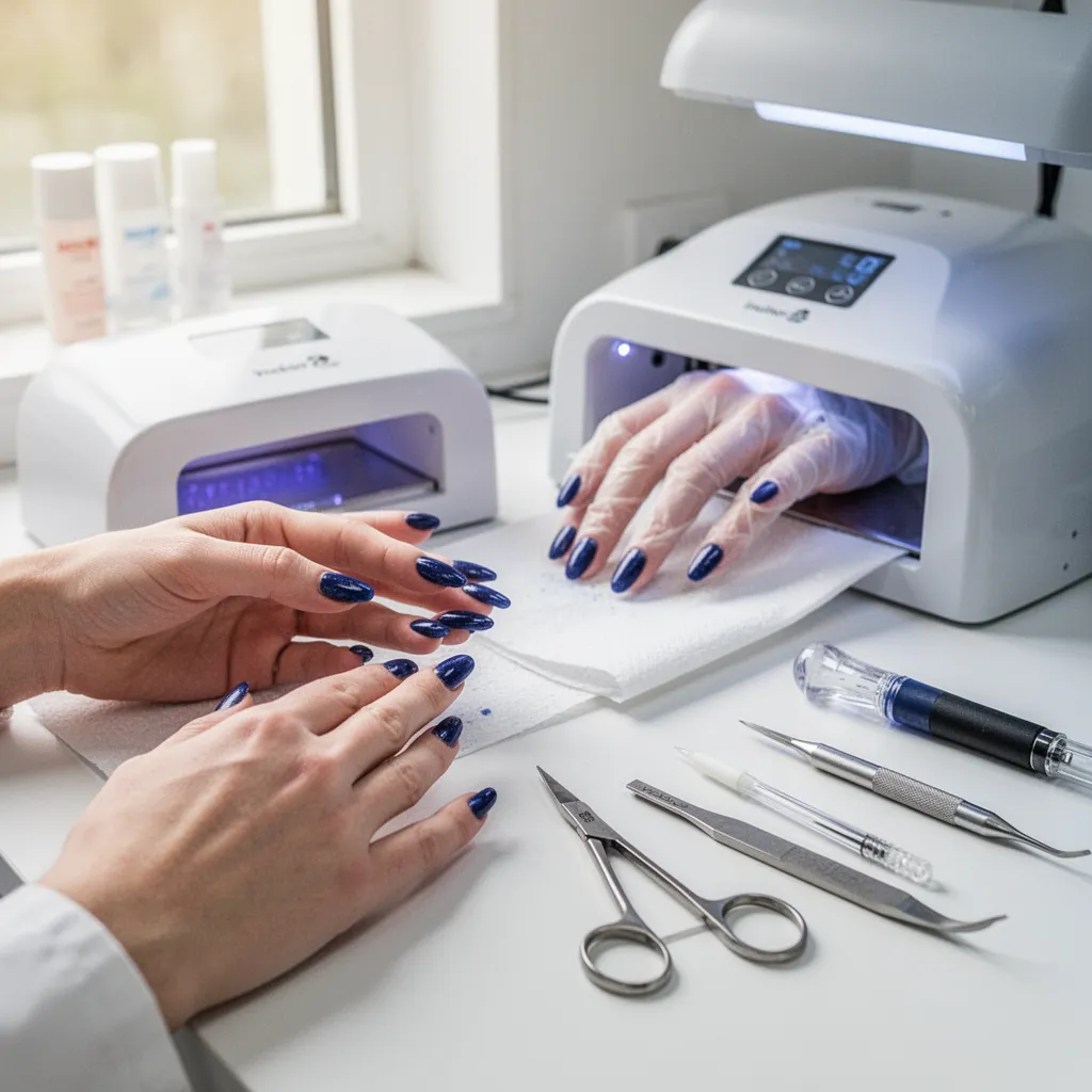 Stagiaire en formation prothésiste ongulaire pratiquant une pose de gel sur une main d'entraînement dans un atelier