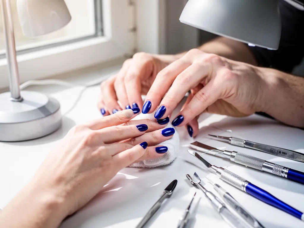 Poste de travail de prothésiste ongulaire avec capsules, gels colorés Indigo Nails et lampe UV allumée